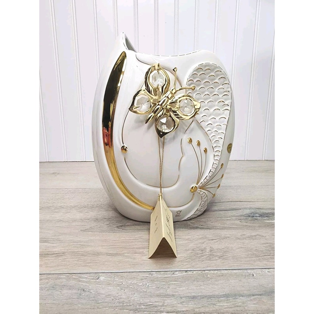 RARE Vintage 80s Italy Porcelain White Gold‎ Vase Butterfly Bruno Costenaro